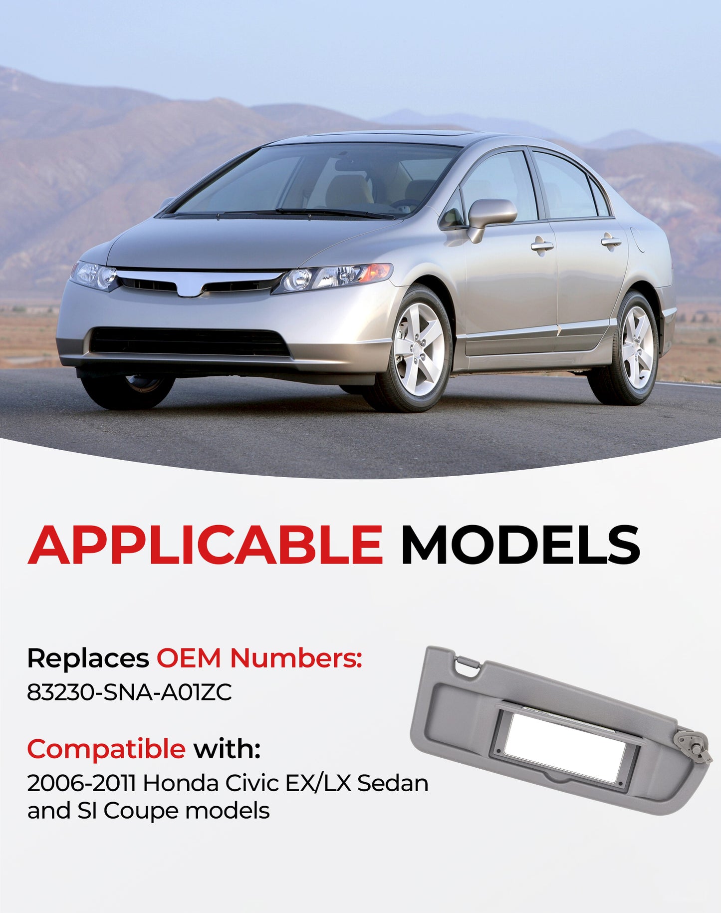 Honda Civic Passenger Sun Visor 83230-SNA-A01ZA - Right Side Dark Grey (2006-2011)