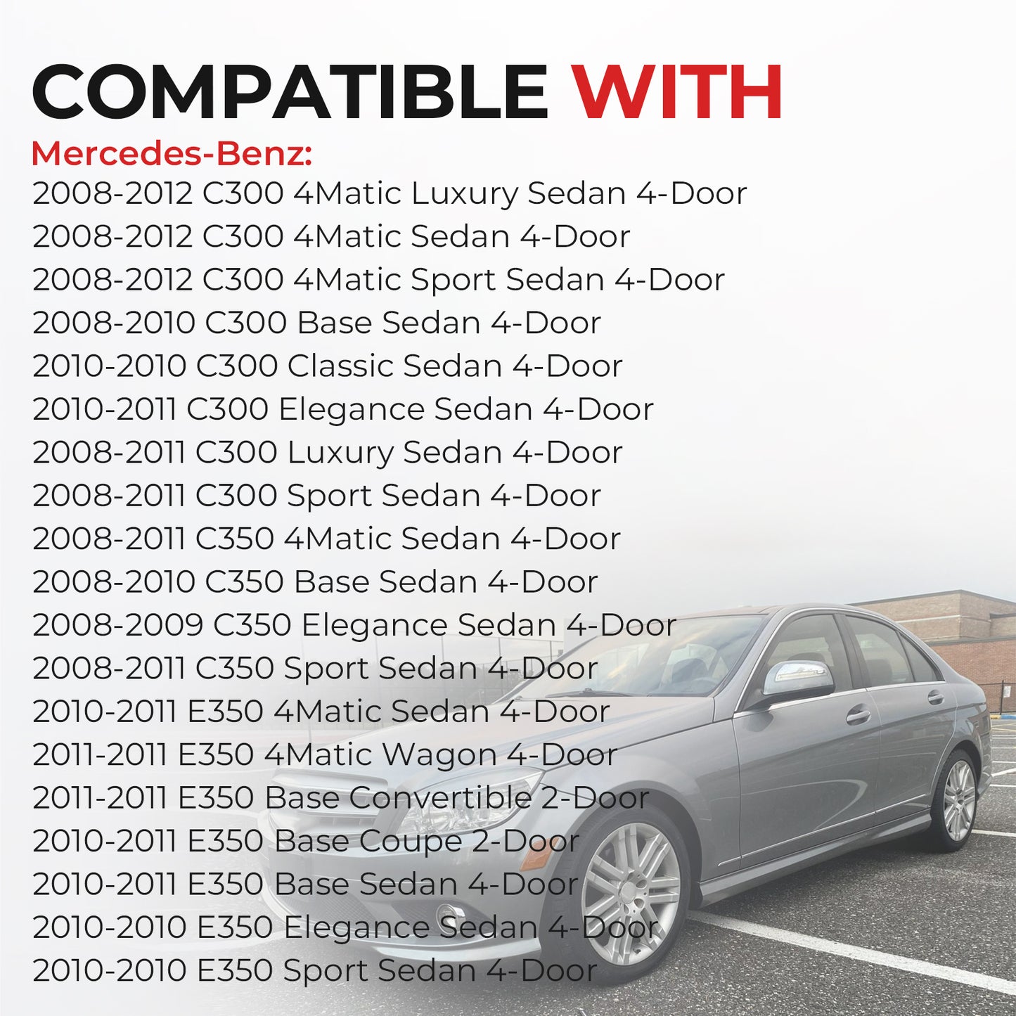 List of Mercedes-Benz models compatible with a product, with a car visible in the background.