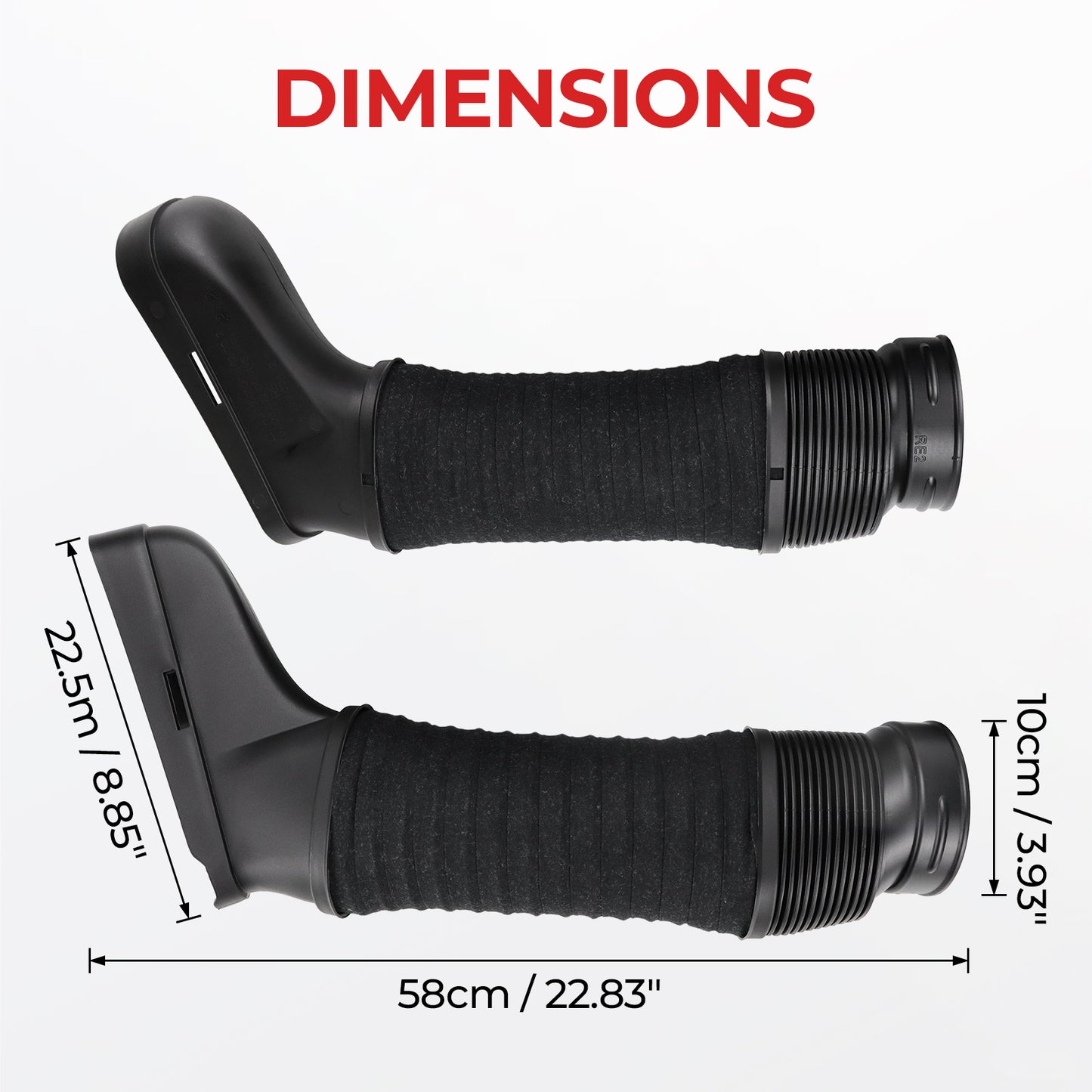 Black motorcycle grips with dimensions labeled on a white background