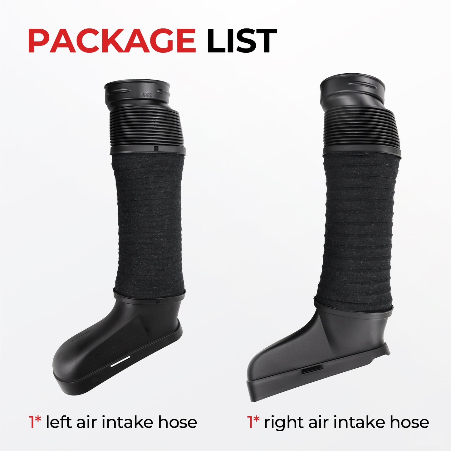 Two black air intake hoses labeled 'left' and 'right' on a white background.