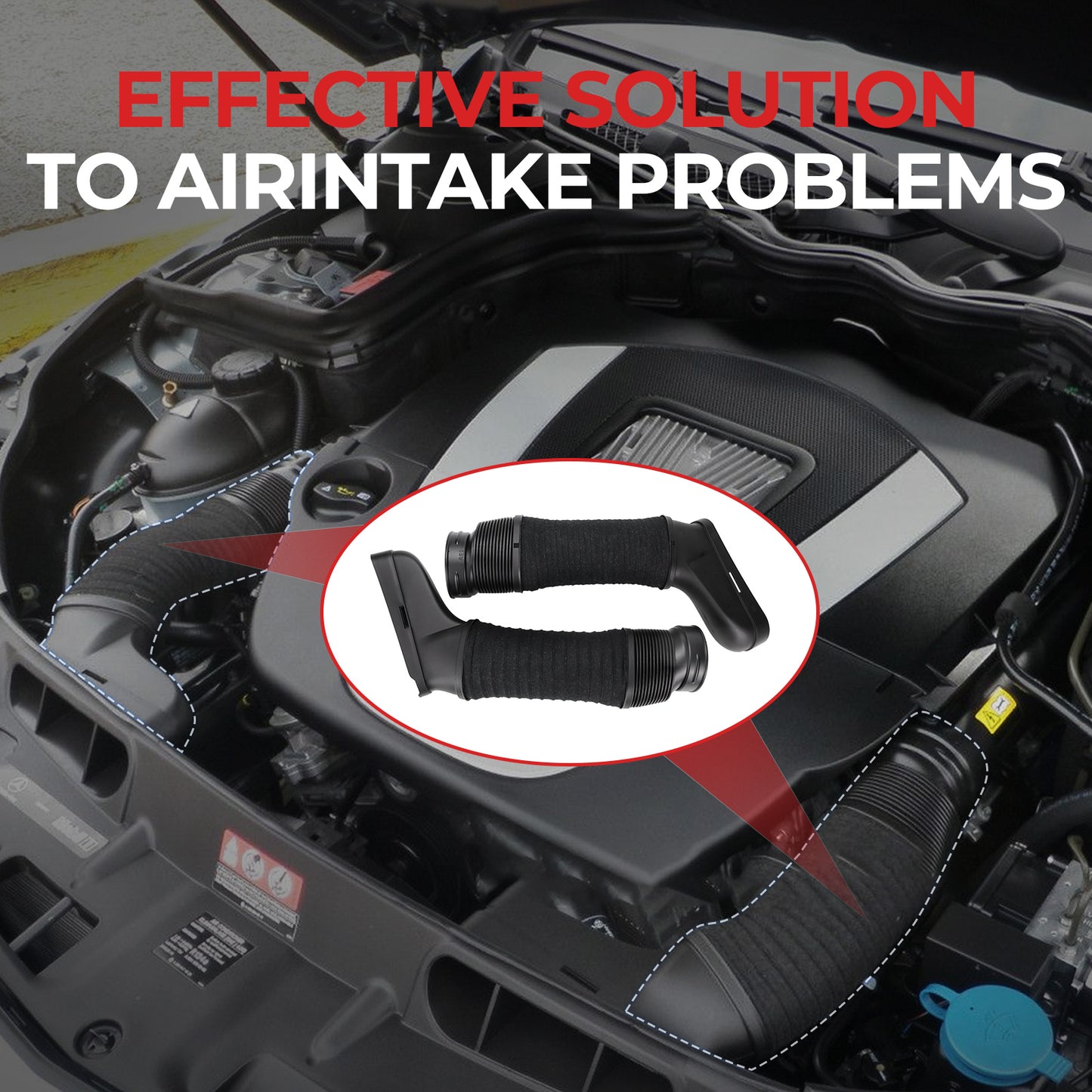 Car engine with air intake system highlighted, text 'Effective Solution to Air Intake Problems' above.
