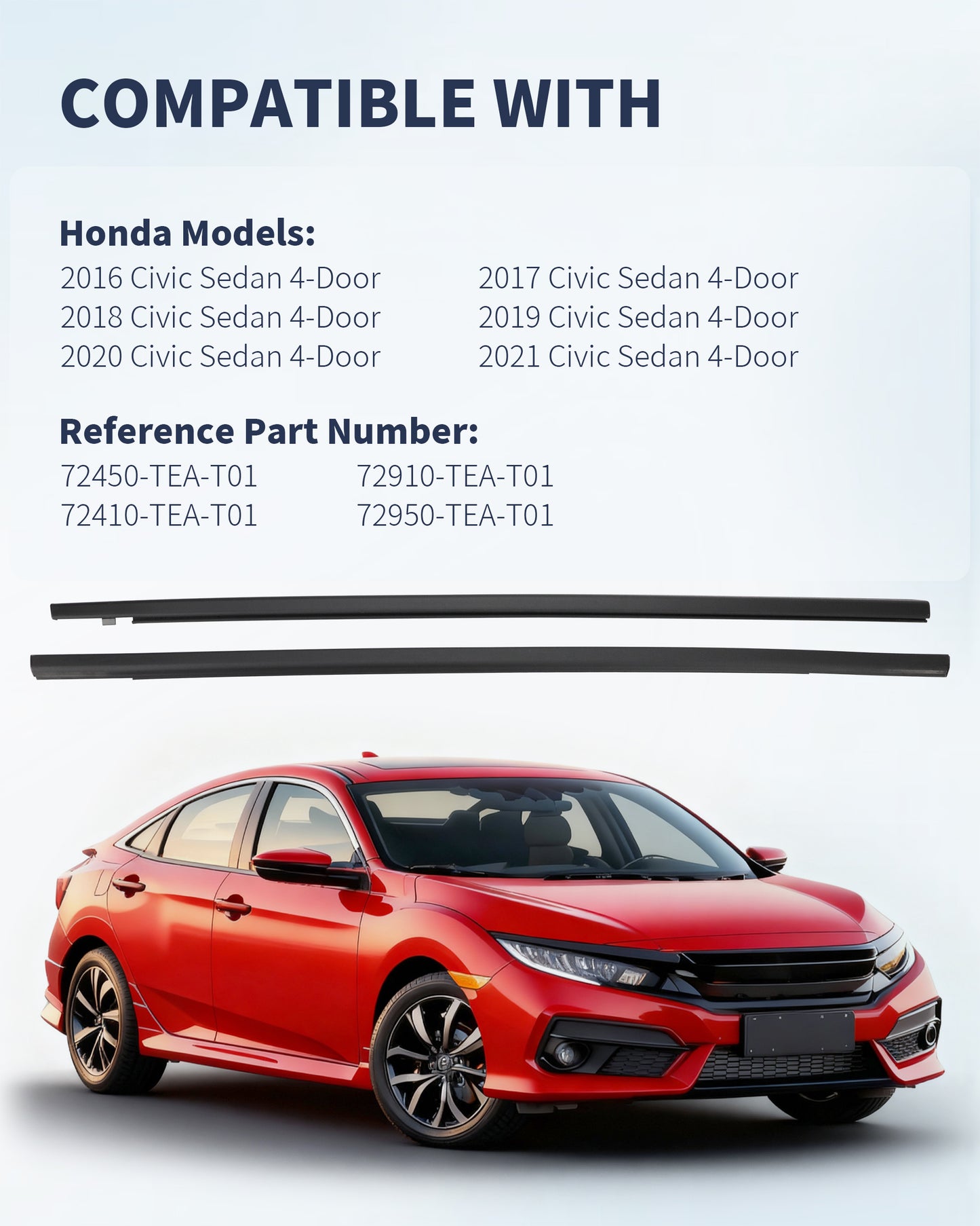 AIKEPT Window Weather Stripping Seal Belt, Complete Set of 4, Compatible with Honda Civic 4-Door Sedan 2016-2021, Replaces 72410-TEA-T01 & 72450-TEA-T01