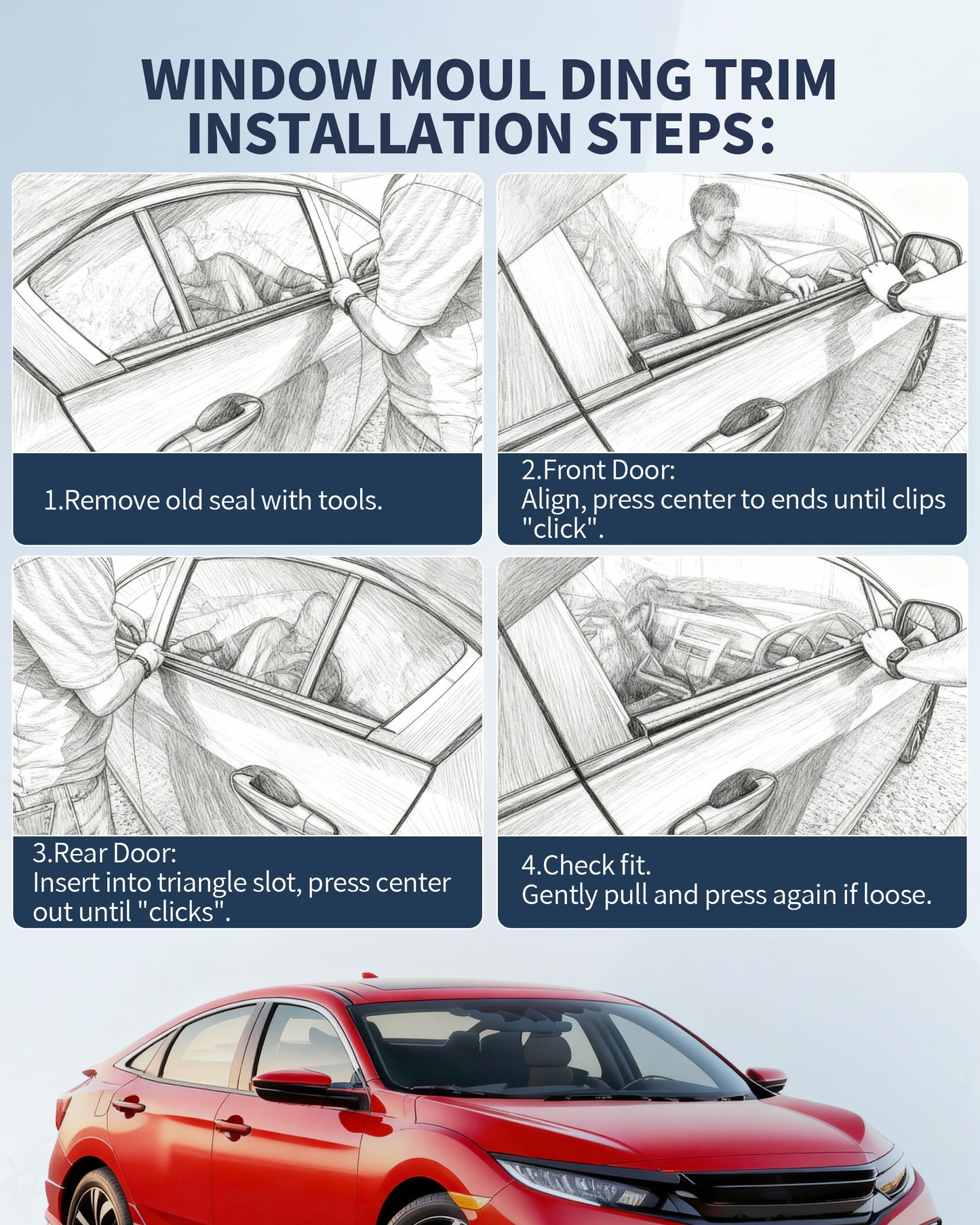 AIKEPT Window Weather Stripping Seal Belt, Complete Set of 4, Compatible with Honda Civic 4-Door Sedan 2016-2021, Replaces 72410-TEA-T01 & 72450-TEA-T01