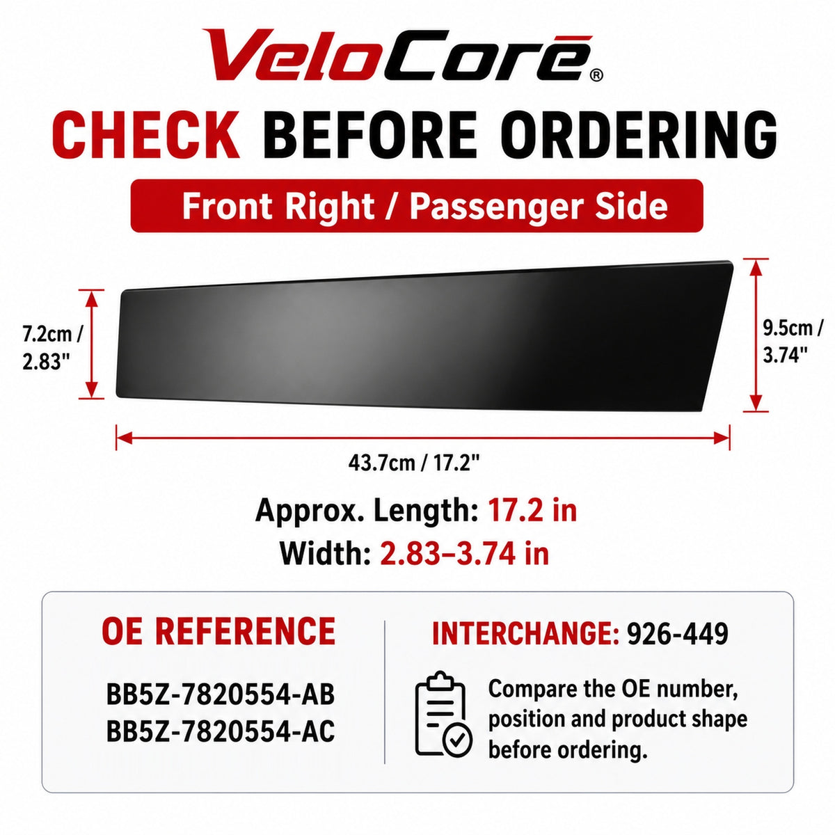 VeloCore 926-449 B Pillar Molding Door Applique Front Right Gloss Black | Compatible with Ford Explorer 2011-2019; replaces BB5Z7820554AB, BB5Z-7820554-AC, B Pillar Window Trim Molding