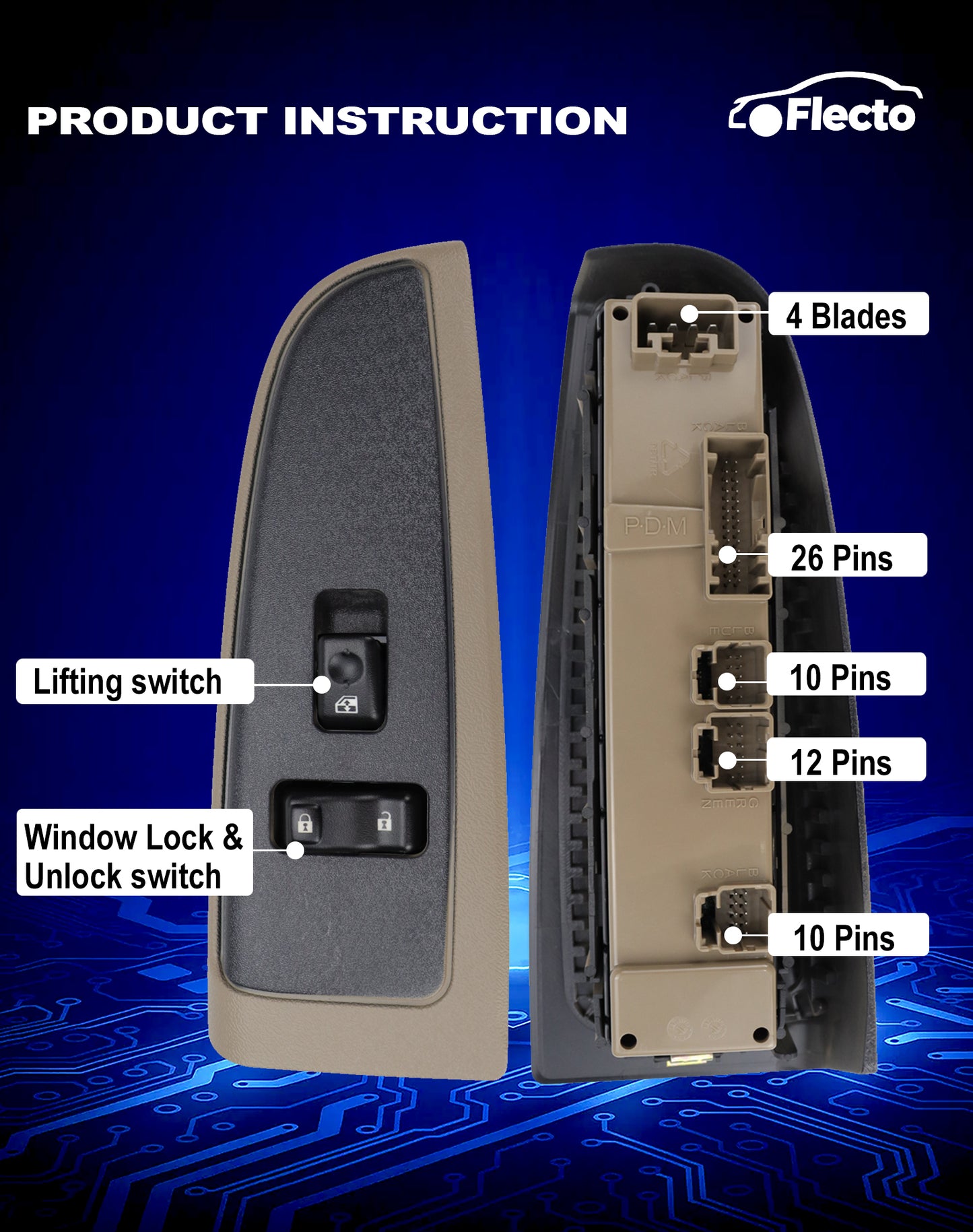 Flecto Power Window Switch Front Passenger Side 19115820 with Door Lock & Tan Bezel Compatible with 03-07 Chevy Avalanche Silverado Suburban Tahoe GMC Yukon Sierra Cadillac Escalade, Replace 920-020