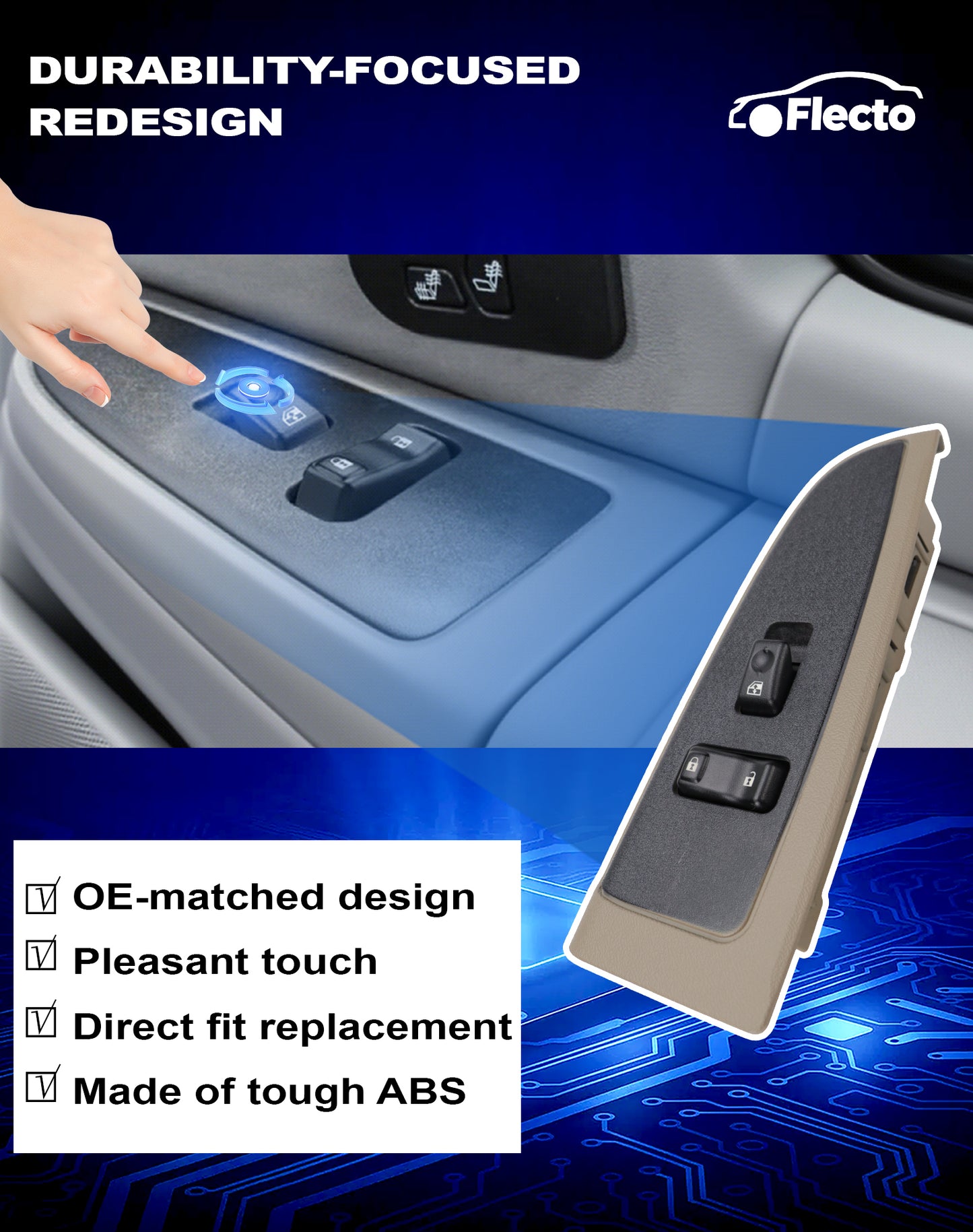Flecto Power Window Switch Front Passenger Side 19115820 with Door Lock & Tan Bezel Compatible with 03-07 Chevy Avalanche Silverado Suburban Tahoe GMC Yukon Sierra Cadillac Escalade, Replace 920-020