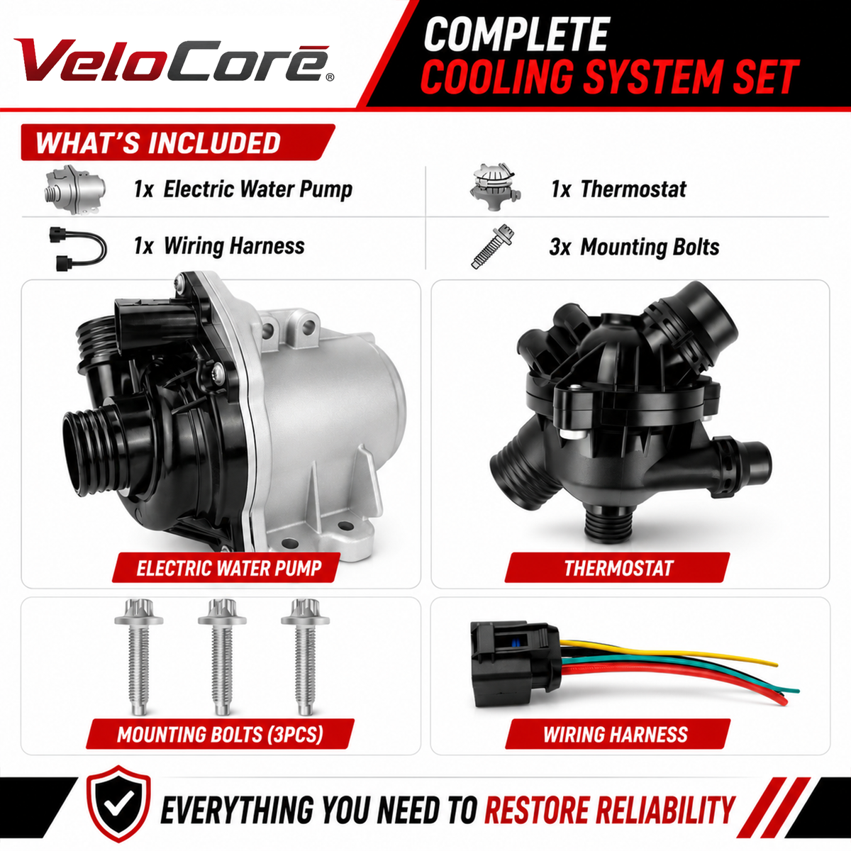 VeloCore Electric Engine Water Pump and Thermostat Kit Compatible with BMW 135i 335i 335is 535i Z4 sDrive35i 2007-2016 3.0L L6 - Replaces 11517632426 11537549476 11517588885 11519455978