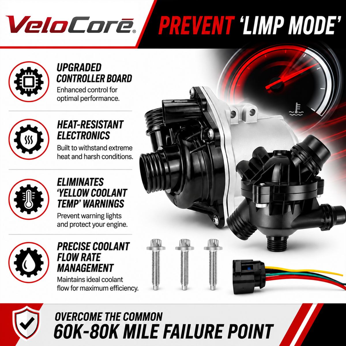 VeloCore Electric Engine Water Pump and Thermostat Kit Compatible with BMW 135i 335i 335is 535i Z4 sDrive35i 2007-2016 3.0L L6 - Replaces 11517632426 11537549476 11517588885 11519455978