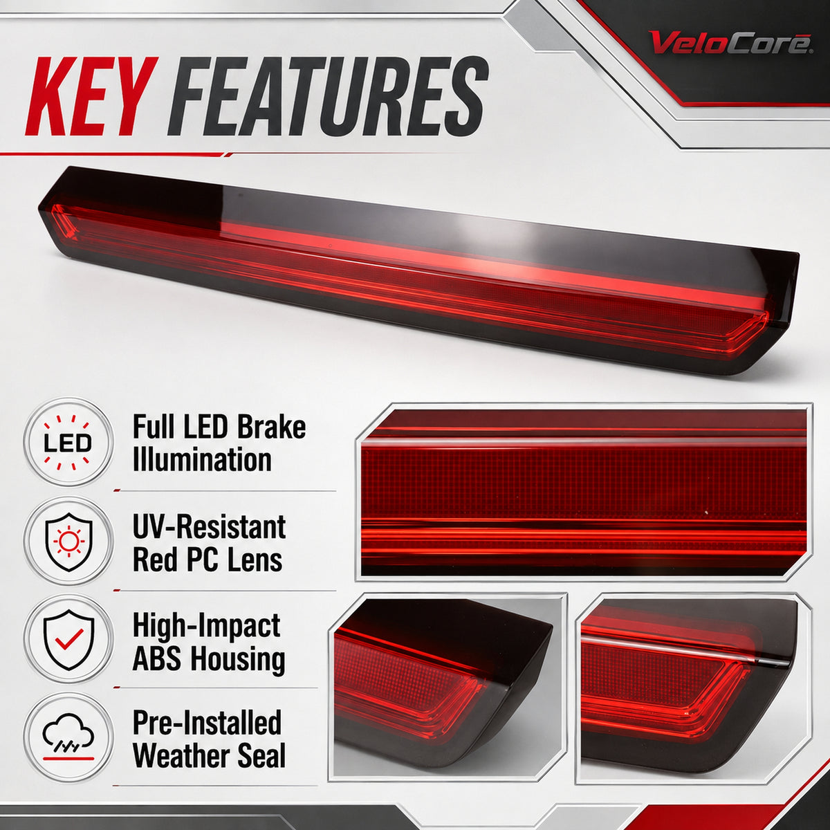 VeloCore LED Third Brake Light 923-116 High Mount Stop Light | Compatible with 2015-2020 Chevy Tahoe Suburban and 2016-2019 Chevy Suburban 3500 HD, Replaces 22783104, Waterproof