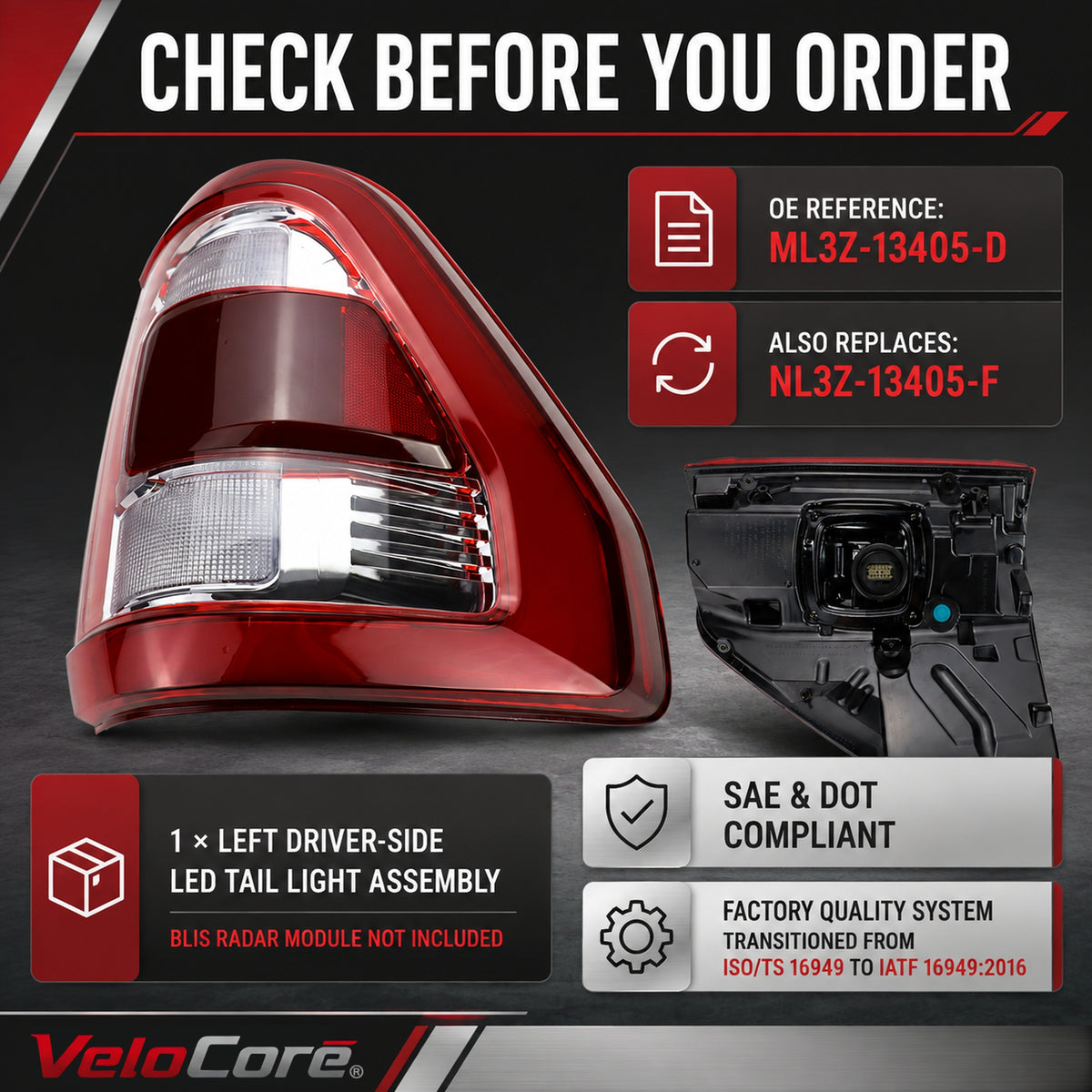 VeloCore Left LED Tail Light ML3Z13405D Fit for Ford F-150 2021-2023 | compatible with Ford F-150 King Ranch Lariat Limited Platinum 2021-2023, 11-pin, bracket included, no radar module