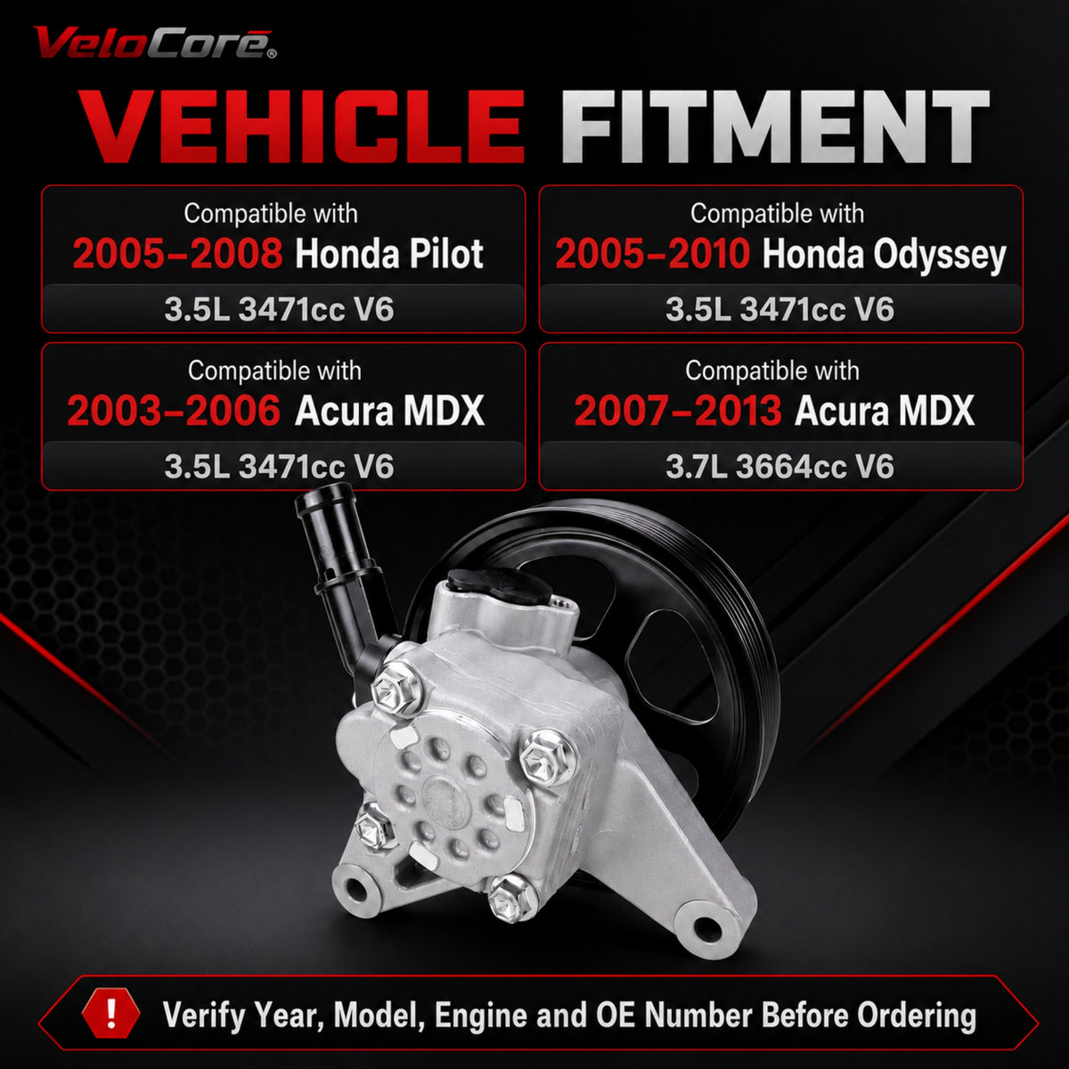 VeloCore Power Steering Pump & Pulley 56110-RGL-A03 Fit for Honda Odyssey | compatible with Honda Odyssey 2005-2010 3.5L and Pilot 2005-2008 3.5L, pulley included, 21-5442