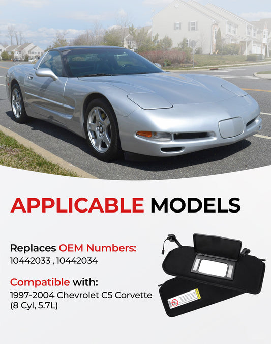 VeloCore Pair Sun Visor Replacement with LED Light & Mirrors Compatible with Chevrolet Corvette C5 1997 1998 1999 2000 2001 2002 2003 2004 Replace# 10442033 10442034, Black