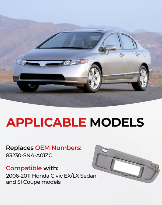 Honda Civic Passenger Sun Visor 83230-SNA-A01ZA - Right Side Dark Grey (2006-2011)
