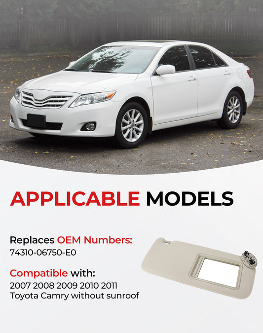 Toyota Camry Passenger Sun Visor 7431006750E0 - Right Side Beige (2007-2011)