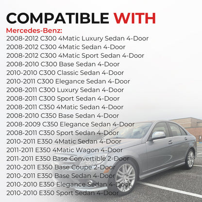 List of Mercedes-Benz models compatible with a product, with a car visible in the background.