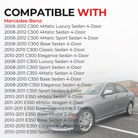 List of Mercedes-Benz models compatible with a product, with a car visible in the background.