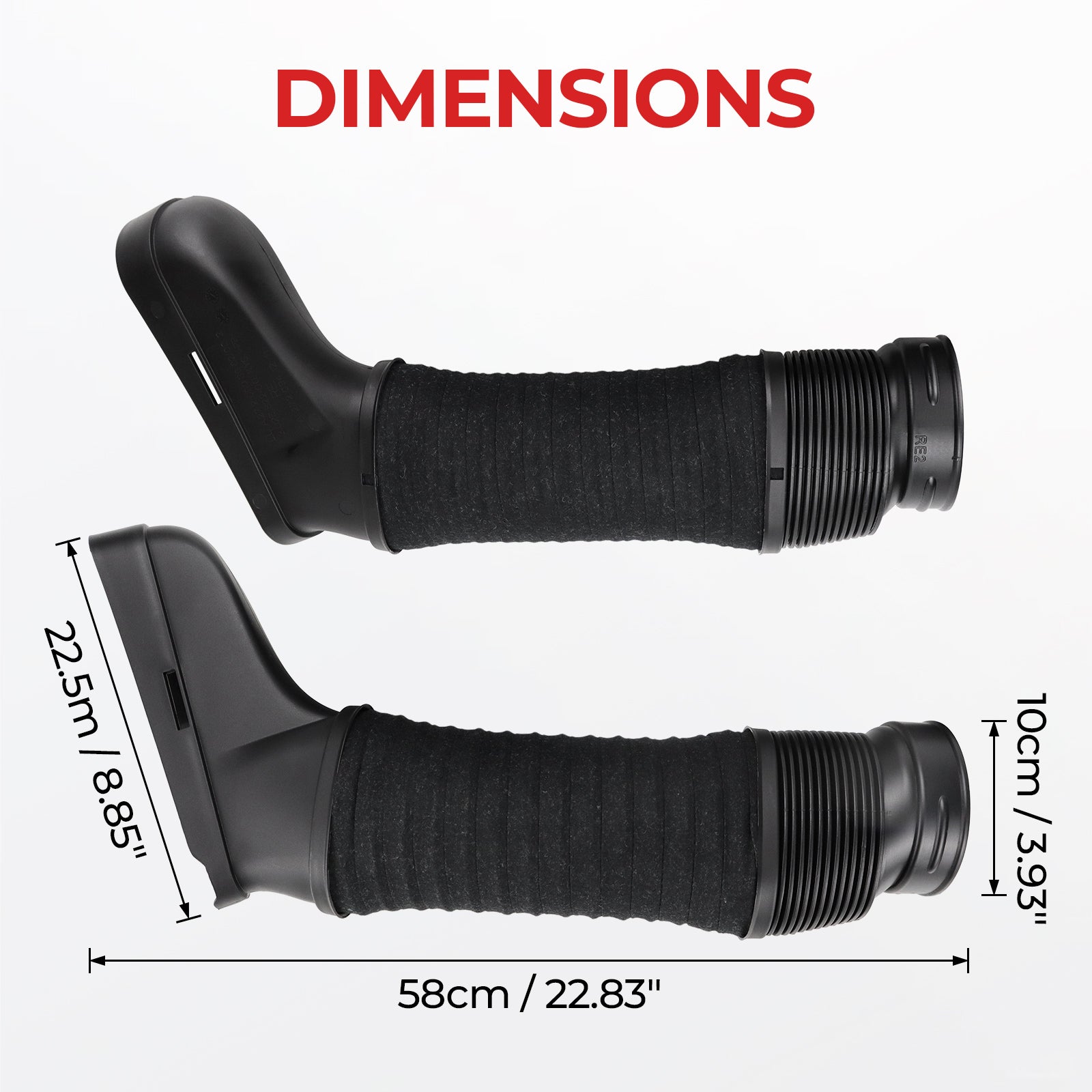 Black motorcycle grips with dimensions labeled on a white background