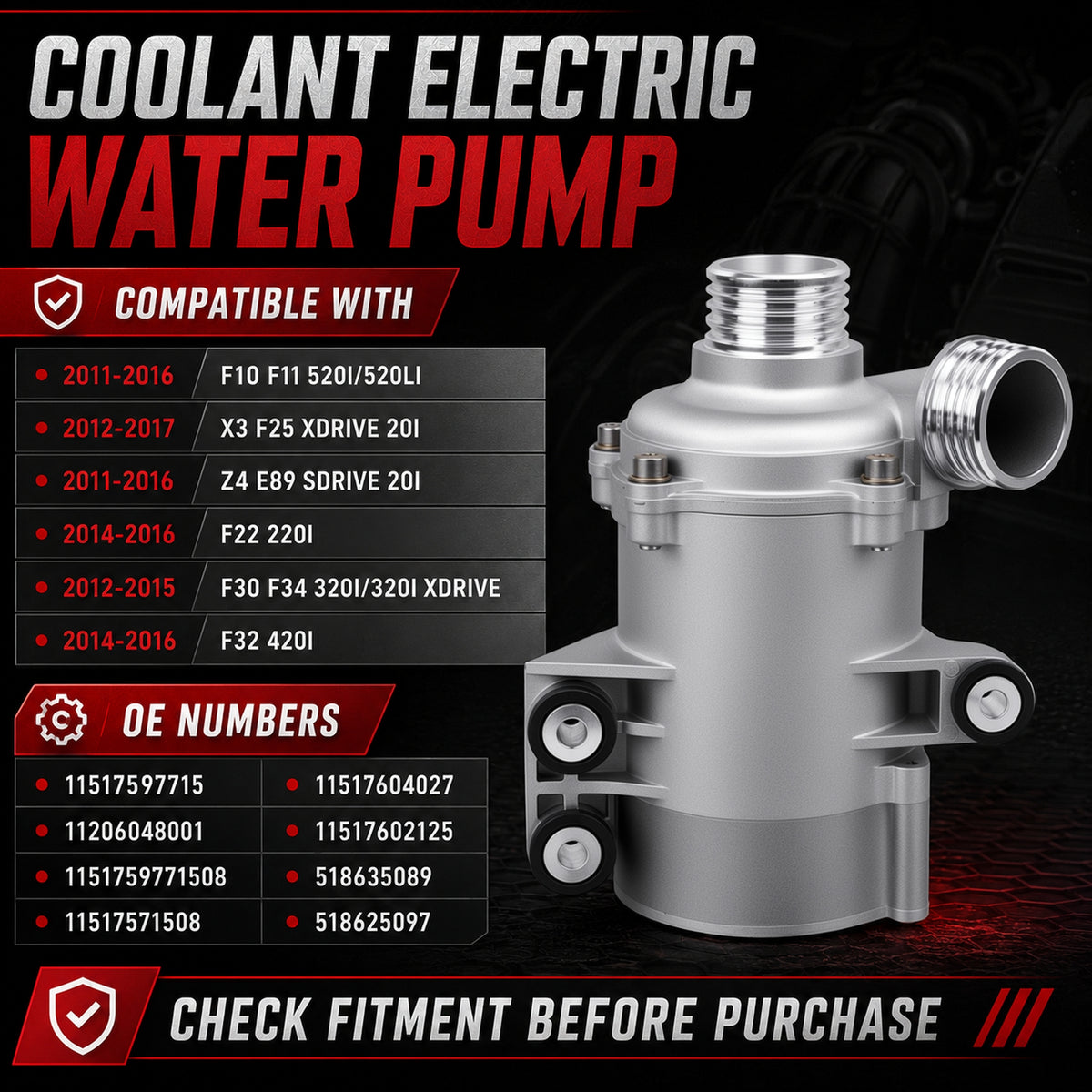 VeloCore 4 Pins Electric Water Pump 11517597715 with Wire and Bolts