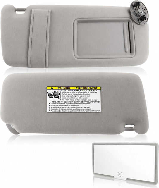 VeloCore Grey Sun Visor Set 74310-06750-B0 74320-06780-B0 with Bonus Mirror | sunvisor, gray, left driver & right passenger side pair, compatible with Toyota Camry 2007-2011 Hybrid, without sunroof