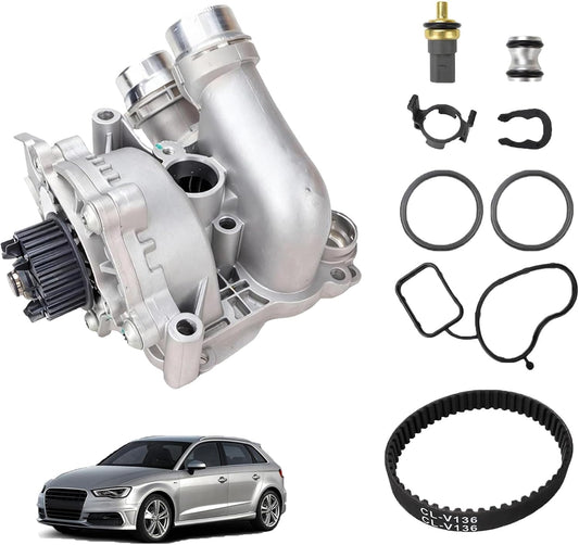 VeloCore Aluminum Water Pump Thermostat Kit 06H121026DD | compatible with Audi A4 A5 Q5 and VW GTI Tiguan Jetta 2.0T TSI, includes belt and sensor assembly | Compatible with Audi A4 / A4 Quattro 2009-2016 (2