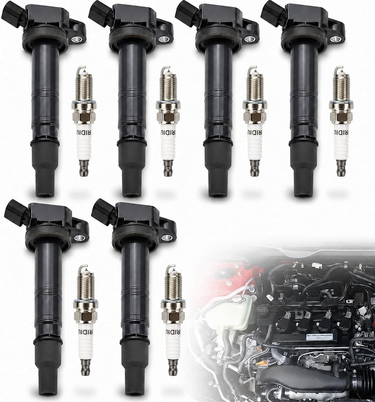 VeloCore UF495 Ignition Coil & Iridium Plug 6-Pc Set Fit for Toyota Camry | compatible with Toyota Camry 2006-2011 2.4L, Tacoma 2005-2020 2.7L, iridium plugs, silicone coil boots