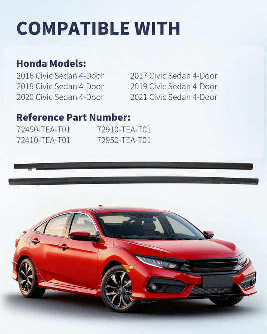 AIKEPT Window Weather Stripping Seal Belt, Complete Set of 4, Compatible with Honda Civic 4-Door Sedan 2016-2021, Replaces 72410-TEA-T01 & 72450-TEA-T01