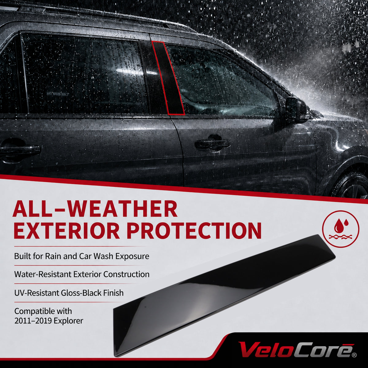 VeloCore 926-449 B Pillar Molding Door Applique Front Right Gloss Black | Compatible with Ford Explorer 2011-2019; replaces BB5Z7820554AB, BB5Z-7820554-AC, B Pillar Window Trim Molding
