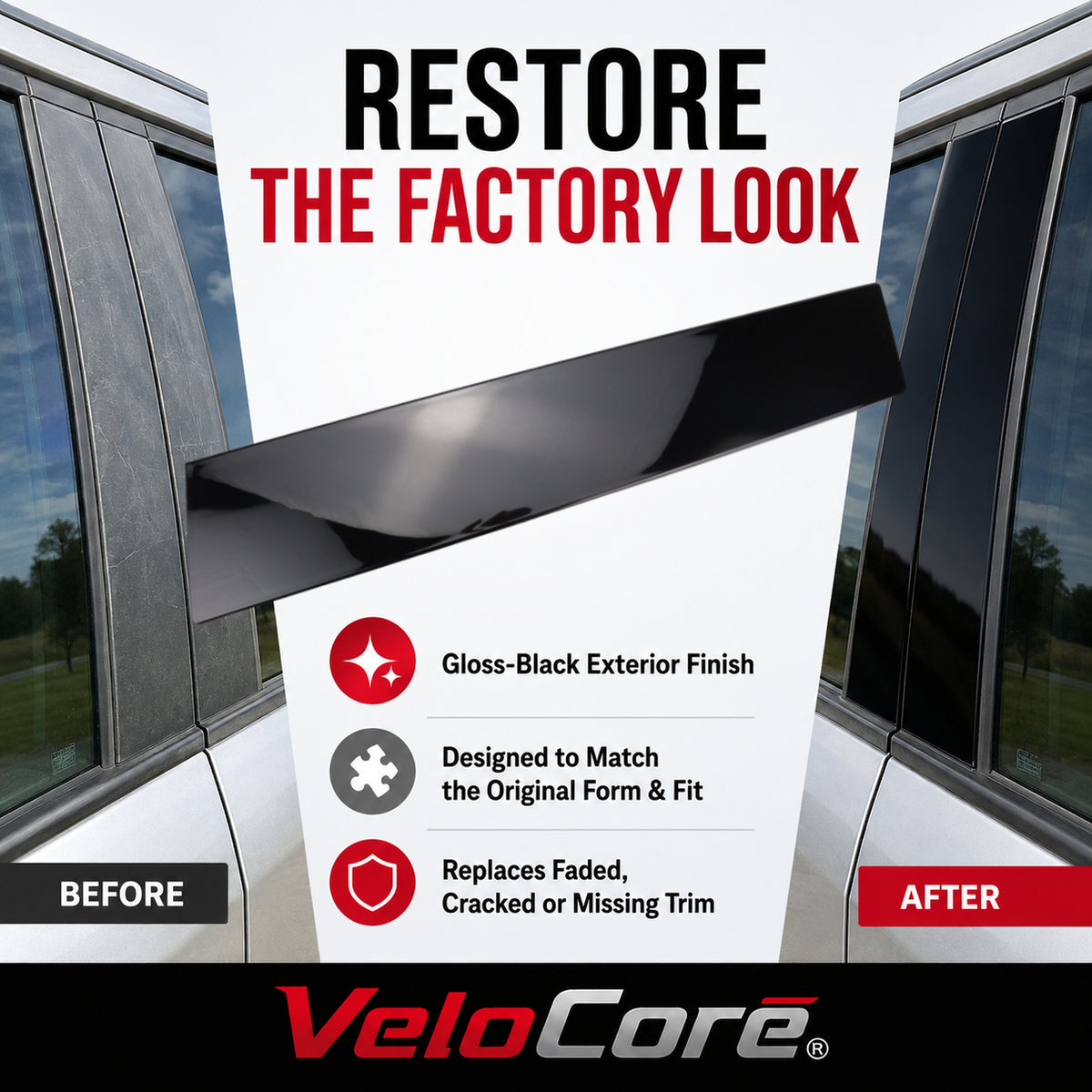 VeloCore 926-449 B Pillar Molding Door Applique Front Right Gloss Black | Compatible with Ford Explorer 2011-2019; replaces BB5Z7820554AB, BB5Z-7820554-AC, B Pillar Window Trim Molding