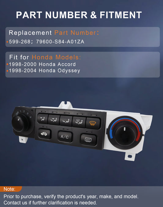 Flecto 599-268 A/C Heater Climate Control Module - HVAC Switch Panel, Plug and Play - Compatible with 1998-2000 Honda Accord & 1998-2004 Honda Odyssey Replace# 79600-S84-A01ZA