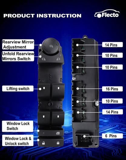 Flecto Master Power Window Switch Driver Side 20835552 with Door Lock Compatible with 07-14 Chevy Silverado Suburban Tahoe GMC Yukon Sierra 2009-2014 Escalade, 25783950 25976221
