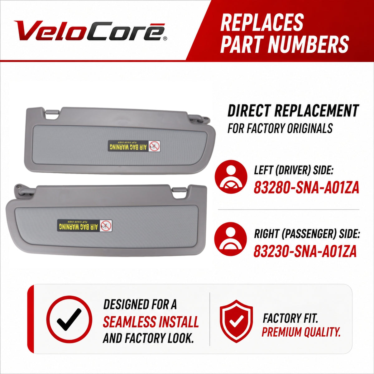 VeloCore Sun Visor Pair 83280-SNA-A01ZA Left Driver Right Passenger Gray