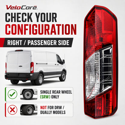 VeloCore RH Tail Light Assembly CK4Z13404K Halogen w/Bulbs Harness | Compatible with Ford Transit 150/250/350/350HD 2015-2025; Single Rear Wheels Only, Replaces 166-02778R FO2801242C