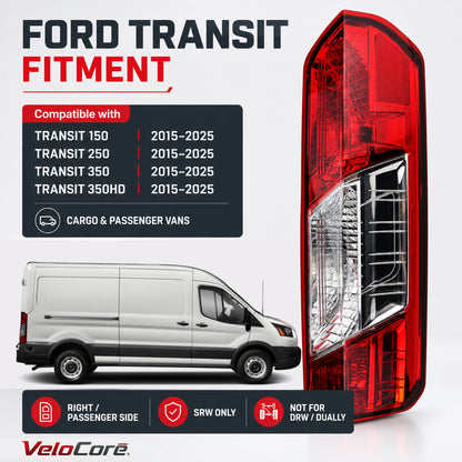 VeloCore RH Tail Light Assembly CK4Z13404K Halogen w/Bulbs Harness | Compatible with Ford Transit 150/250/350/350HD 2015-2025; Single Rear Wheels Only, Replaces 166-02778R FO2801242C