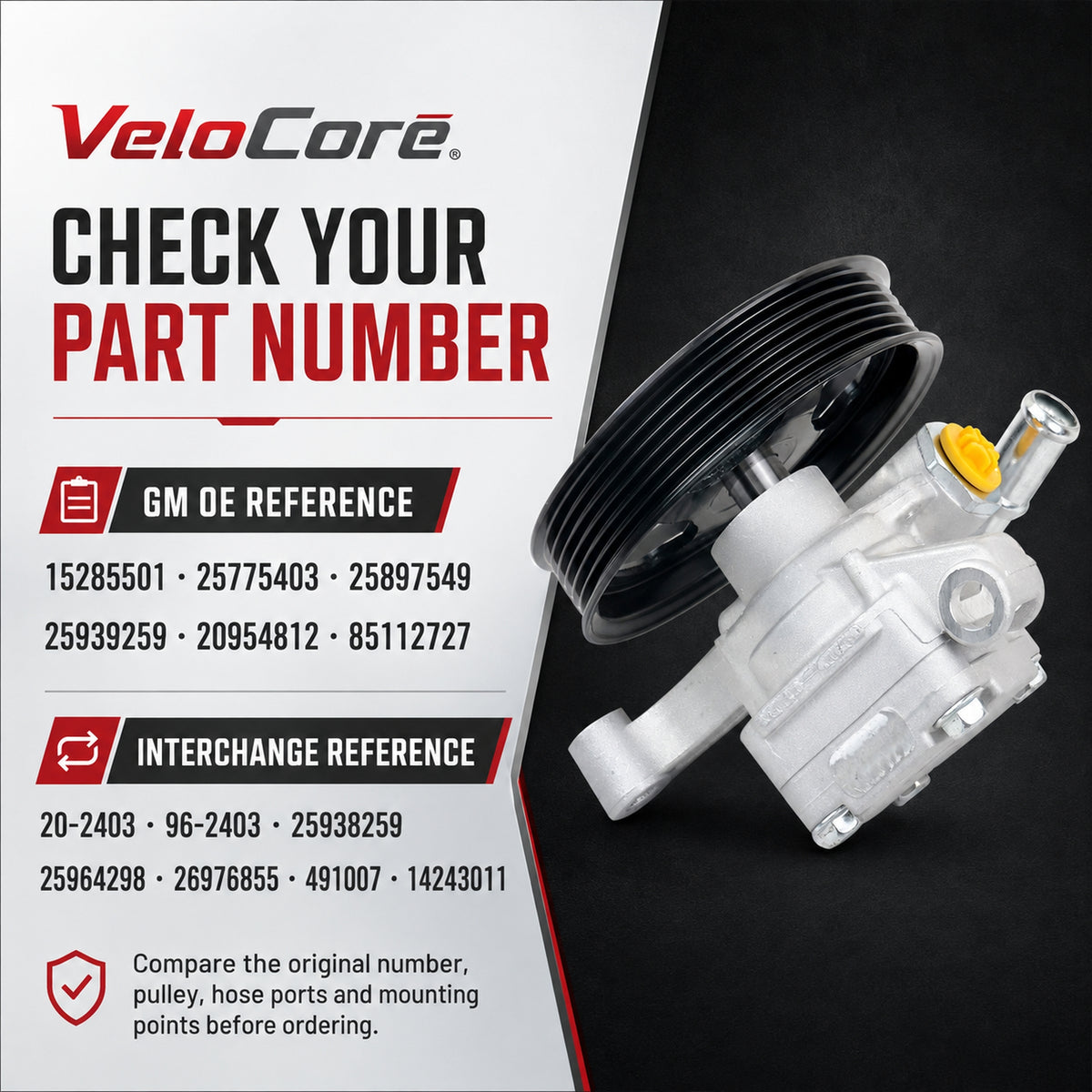VeloCore 20-2403 Power Steering Pump With Pulley Compatible With GM 3.6L | Compatible with Buick Enclave, Chevy Equinox Traverse, GMC Acadia, Pontiac Torrent, Saturn Outlook Vue 2007-2013, 96-2403