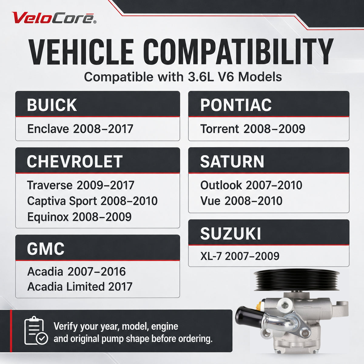 VeloCore 20-2403 Power Steering Pump With Pulley Compatible With GM 3.6L | Compatible with Buick Enclave, Chevy Equinox Traverse, GMC Acadia, Pontiac Torrent, Saturn Outlook Vue 2007-2013, 96-2403