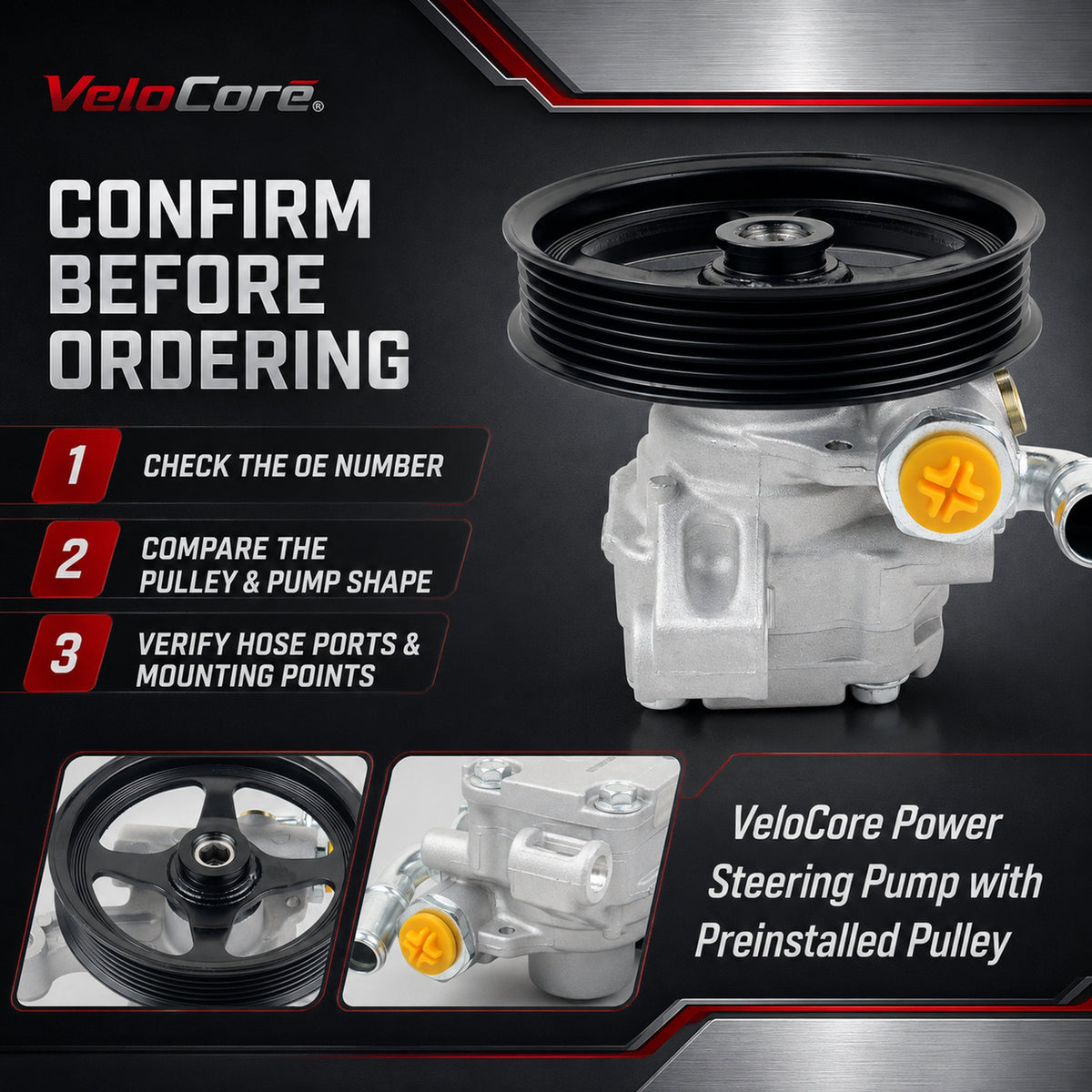 VeloCore 20-2403 Power Steering Pump With Pulley Compatible With GM 3.6L | Compatible with Buick Enclave, Chevy Equinox Traverse, GMC Acadia, Pontiac Torrent, Saturn Outlook Vue 2007-2013, 96-2403