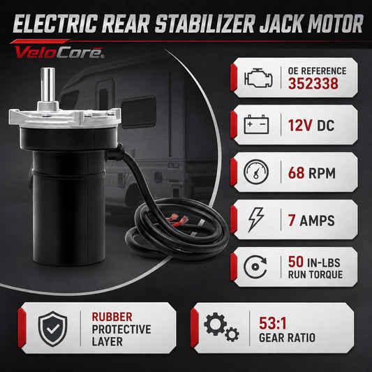 VeloCore Rear RV Stabilizer Jack Motor 352338 Fit for Lippert 12V 53:1 | compatible with Lippert LC298707 LC337199 LC369774 systems, rear position, 7A, 68 RPM, 50 in-lb run torque
