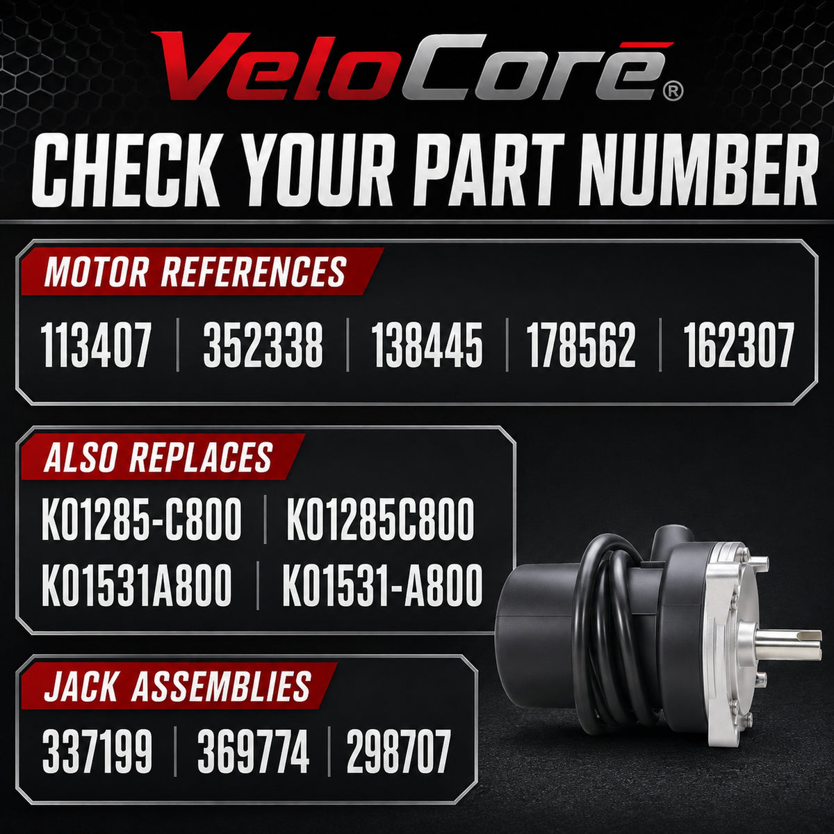 VeloCore Rear RV Stabilizer Jack Motor 352338 Fit for Lippert 12V 53:1 | compatible with Lippert LC298707 LC337199 LC369774 systems, rear position, 7A, 68 RPM, 50 in-lb run torque