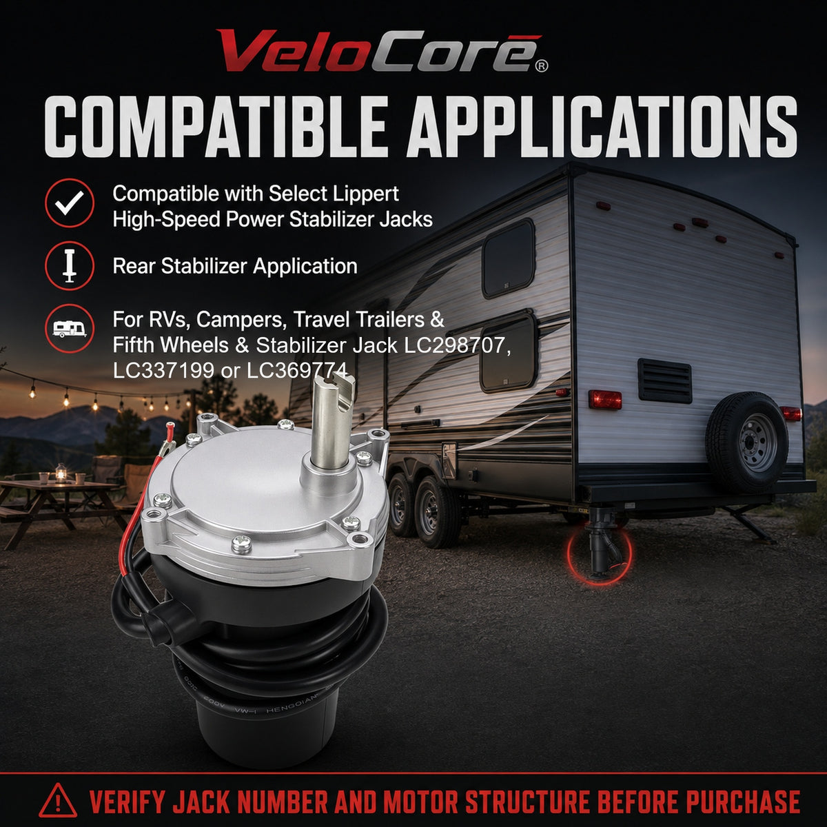 VeloCore Rear RV Stabilizer Jack Motor 352338 Fit for Lippert 12V 53:1 | compatible with Lippert LC298707 LC337199 LC369774 systems, rear position, 7A, 68 RPM, 50 in-lb run torque