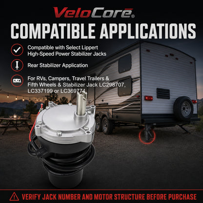 VeloCore Rear RV Stabilizer Jack Motor 352338 Fit for Lippert 12V 53:1 | compatible with Lippert LC298707 LC337199 LC369774 systems, rear position, 7A, 68 RPM, 50 in-lb run torque