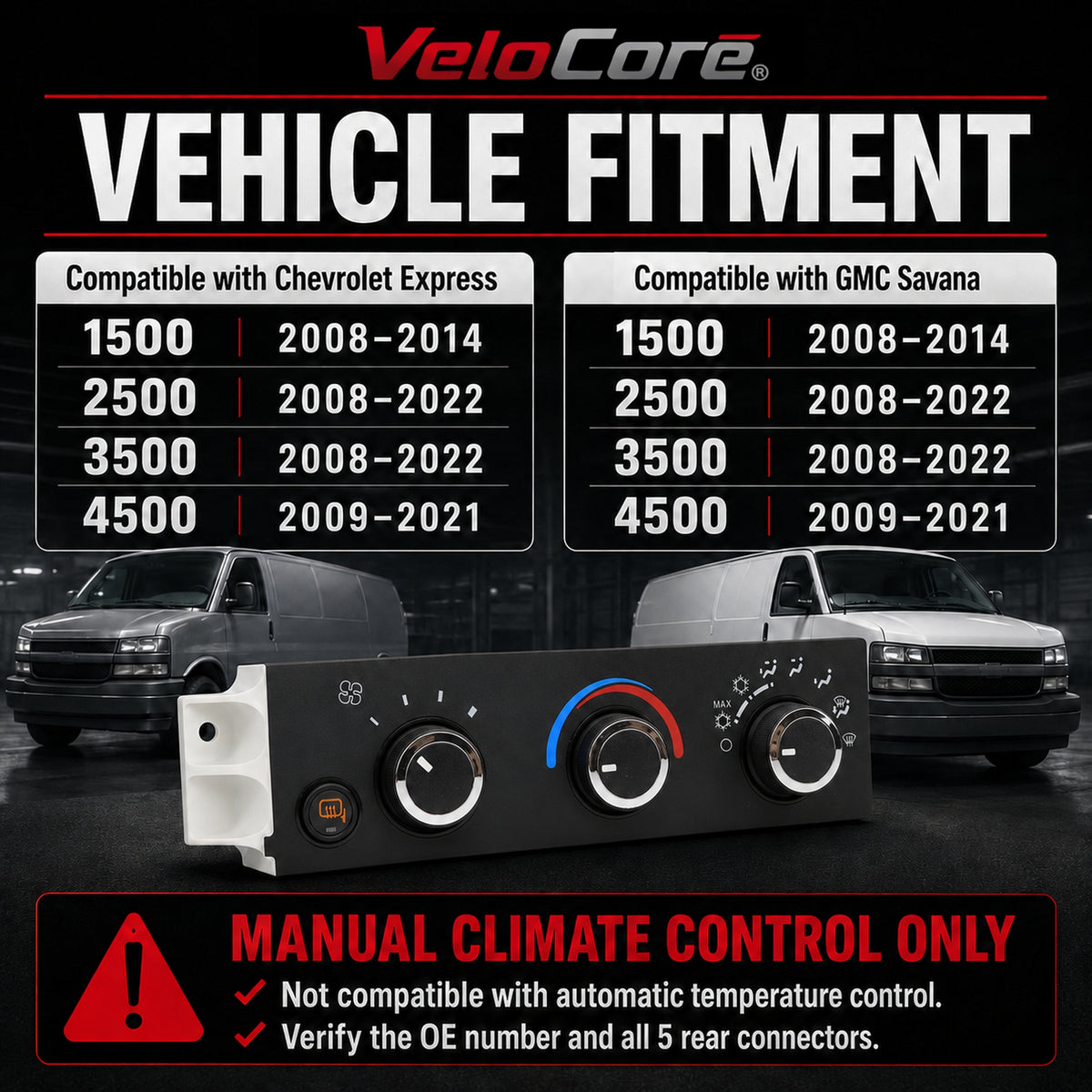 VeloCore A/C Climate Control Module 599-294 Replacement Heater Panel | Compatible with Chevrolet Express 1500/2500/3500/4500 and GMC Savana 1500/2500/3500/4500 2008-2022; replaces 15773679