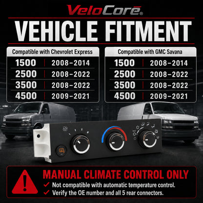 VeloCore A/C Climate Control Module 599-294 Replacement Heater Panel | Compatible with Chevrolet Express 1500/2500/3500/4500 and GMC Savana 1500/2500/3500/4500 2008-2022; replaces 15773679