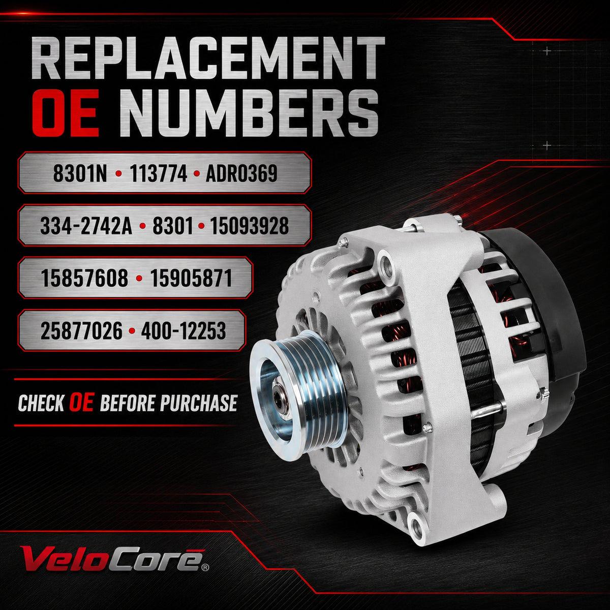VeloCore Alternator Compatible with Chevy Tahoe Silverado Avalanche GMC Yukon Sierra Cadillac Escalade 2007-2014, V6 4.3L V8 4.8L 5.3L 6.0L 6.2L, OE 400-12253