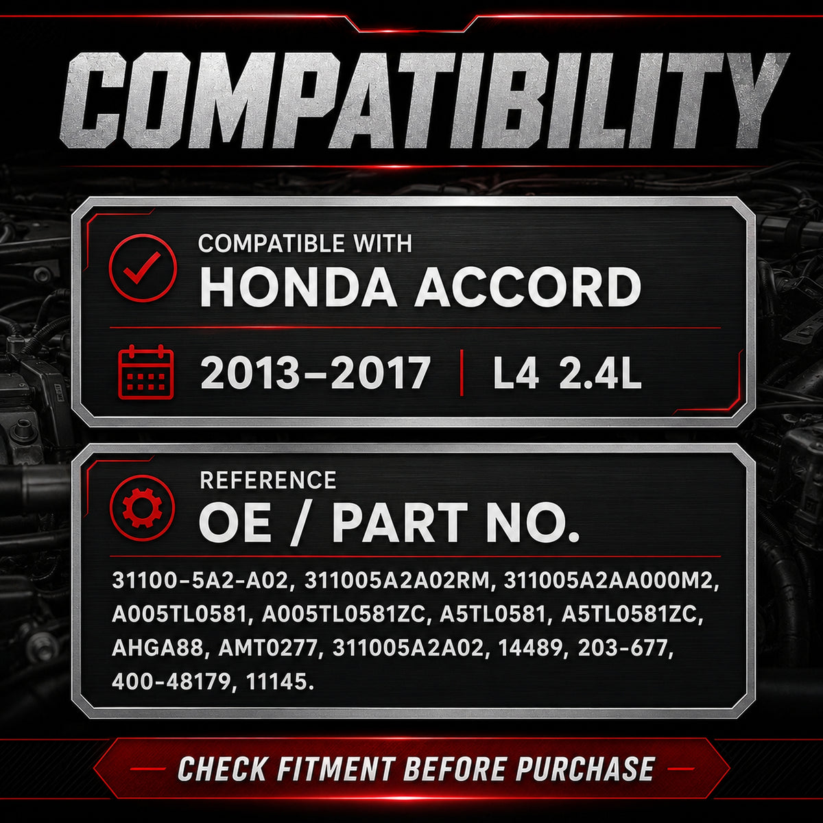 VeloCore Alternator Replacement Compatible with 2013-2017 Honda Accord L4 2.4L Automatic CVT Transmission Replace# 14489N 14489 31100-5A2-A02RM AMT0277 AHGA88 31100-5A2-A02
