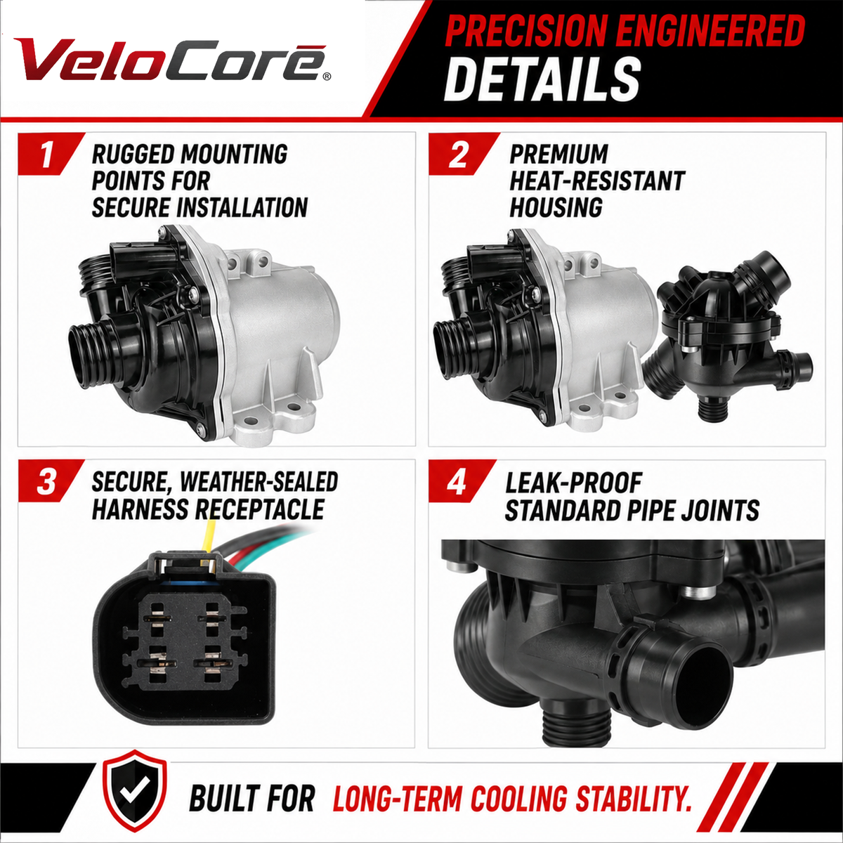 VeloCore Electric Engine Water Pump and Thermostat Kit Compatible with BMW 135i 335i 335is 535i Z4 sDrive35i 2007-2016 3.0L L6 - Replaces 11517632426 11537549476 11517588885 11519455978