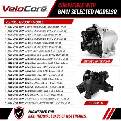 VeloCore Electric Engine Water Pump and Thermostat Kit Compatible with BMW 135i 335i 335is 535i Z4 sDrive35i 2007-2016 3.0L L6 - Replaces 11517632426 11537549476 11517588885 11519455978