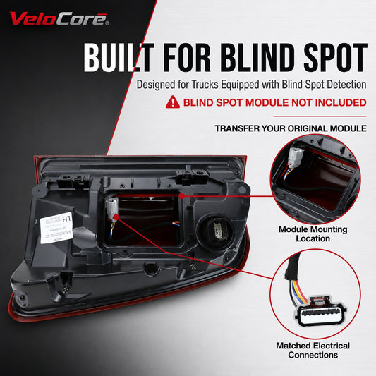 VeloCore LED Tail Light Left Driver Side 68262531AH with Blind Spot | Compatible with Dodge Ram 1500 2019 2020 2021 2022 2024, No Blind Module, Replace CH2800219, Rear Brake Light Red Lens
