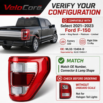 VeloCore LED Tail Light Assembly ML3Z13404D Right Passenger Side 11-Pin | Compatible with Ford F-150 2021 2022 2023 King Ranch, Lariat, Limited and Platinum W/Bracket W/O Radar