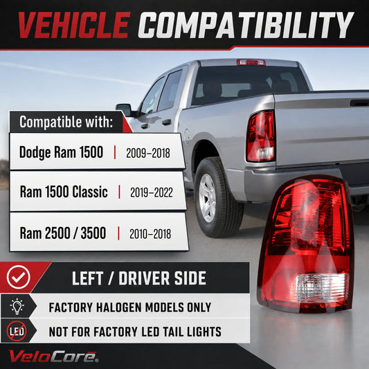 VeloCore CH2818124 Halogen Tail Light Assembly Left Side with Bulbs | compatible with Dodge Ram 1500 2009-2018, Ram 2500/3500 2010-2018, 1500 Classic 2019-2022, red lens, not for factory LED