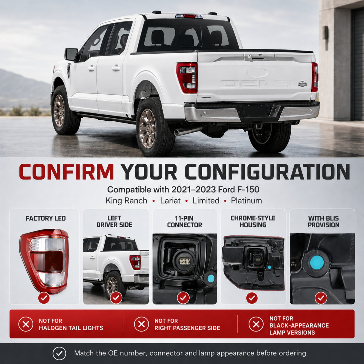VeloCore Left LED Tail Light ML3Z13405D Fit for Ford F-150 2021-2023 | compatible with Ford F-150 King Ranch Lariat Limited Platinum 2021-2023, 11-pin, bracket included, no radar module